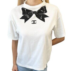 CHANEL Vintage CC Logo Bow Graphic Crewneck T-shirt Top White Cotton [106247]